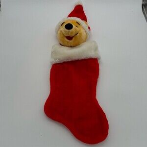 Disney Winnie the Pooh Plush Christmas Stocking 3D Head Santa Hat Red